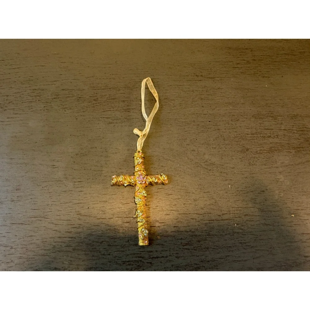 Vintage Gold Tone Rhinestone Cross Ornament Pink Blue Crystal Vine Wrap 3.5 Inch
